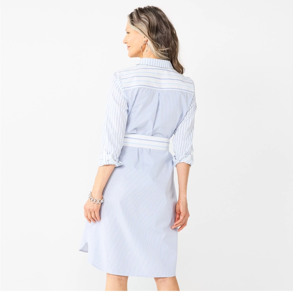 Croft & Barrow mixed Stripe Blue poplin Shirt Dress with Belt, NWOT medium - Picture 2 of 8